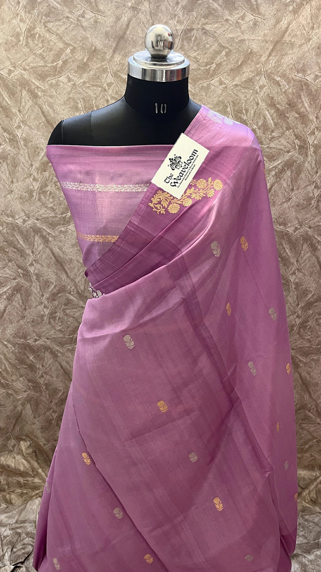 Lavender Raw Mango Silk Pure Handloom Banarasi Saree with Sona Rupa Zari Border and Golden Pallu by The Weaveloom