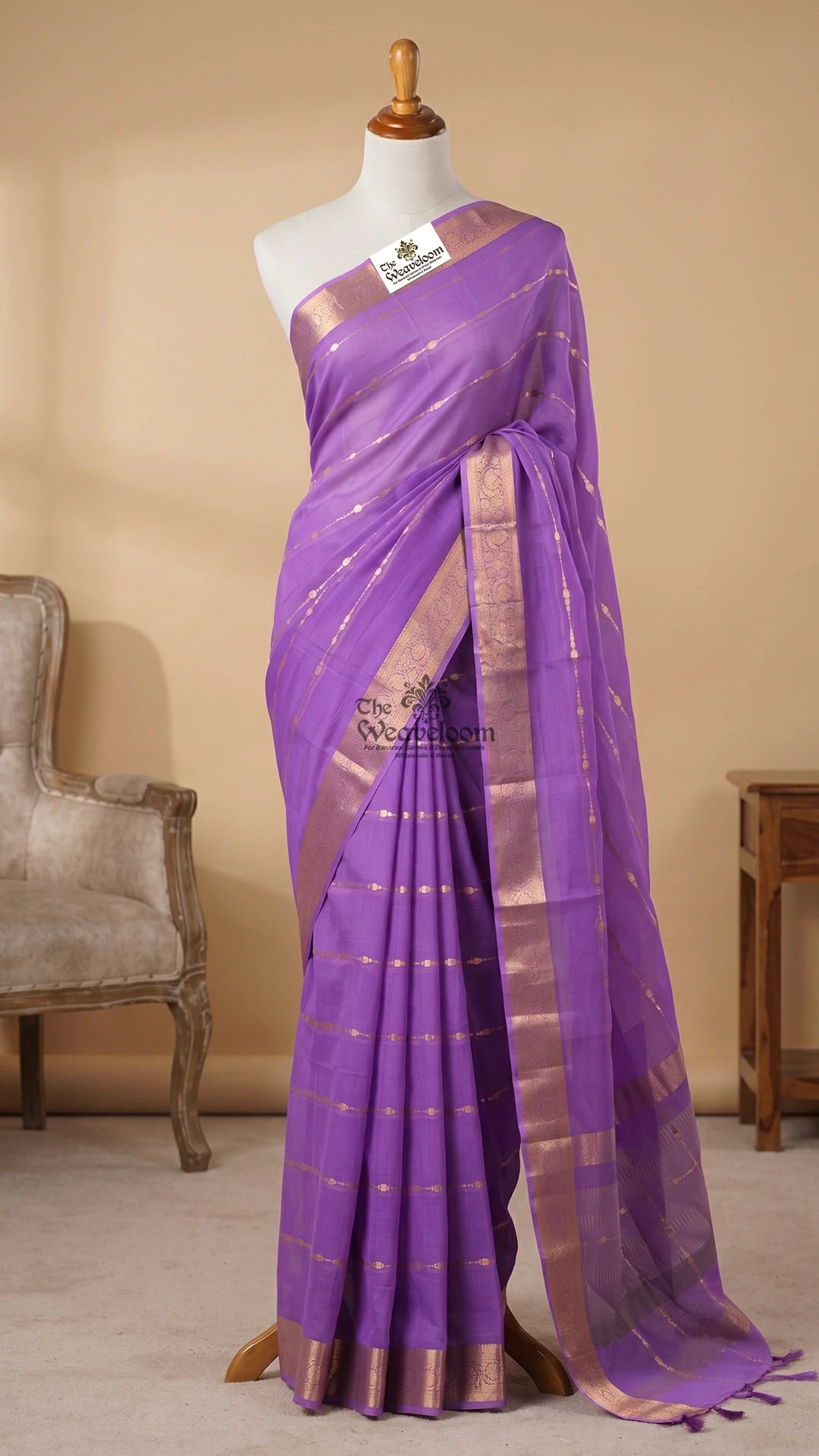 Lavender striped tissue Kora silk pure Banarasi saree by The Weaveloom