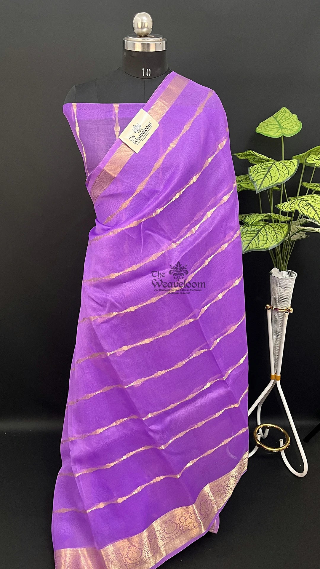 Lavender striped tissue Kora silk pure Banarasi saree by The Weaveloom