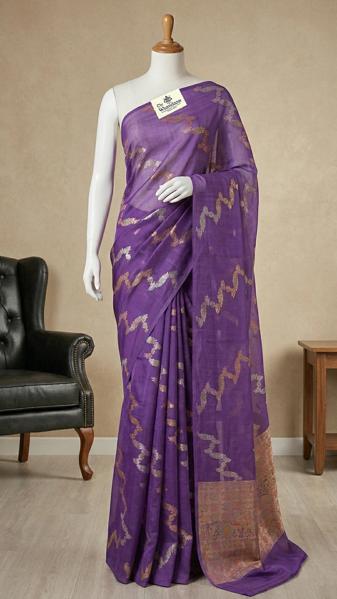 Lavender Zig-Zag Floral Pure Kora Silk Handloom Kadwa Banarasi Saree With Sona Rupa Zari The Weaveloom
