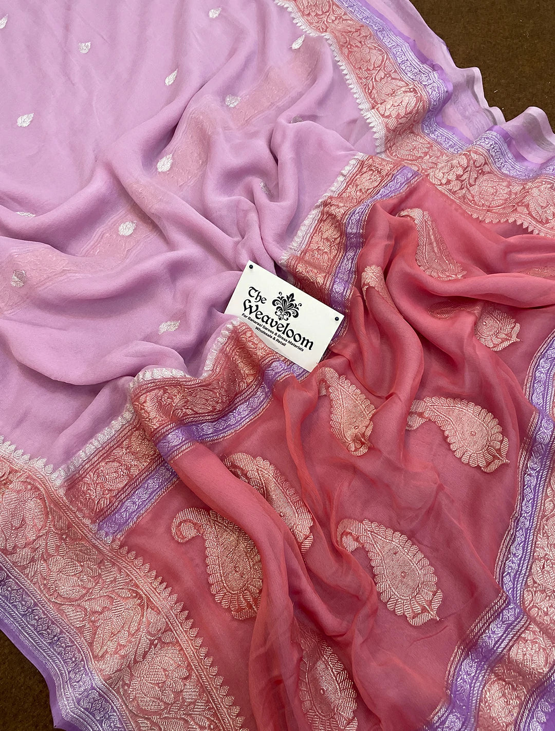 Lavender Pure Khaddi Georgette Kadwa Handloom Banarasi Saree by The Weaveloom
