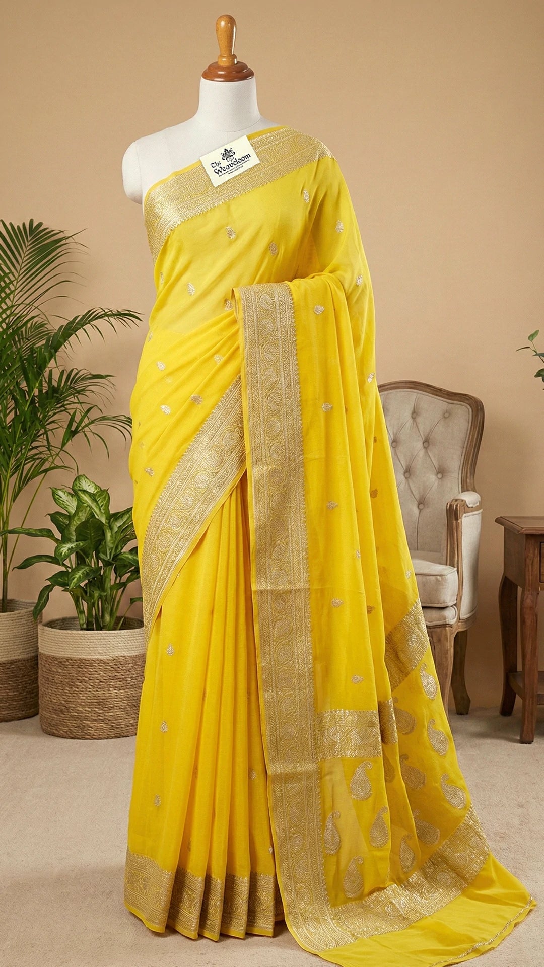 Lemon Khaddi Georgette Pure Banarasi Saree with Silver Zari Paisley Border by The Weaveloom