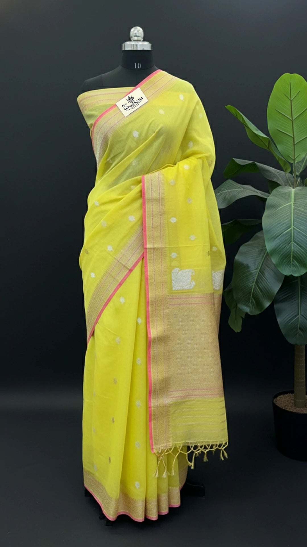 Lemon Pure Kora Cotton Handloom Banarasi Saree with Kadwa Buti and Zari Border by The Weaveloom