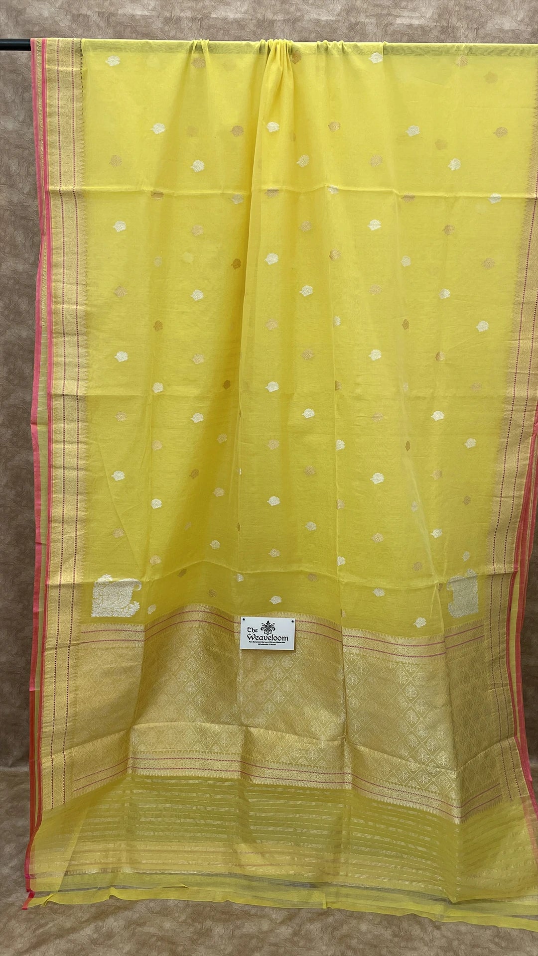 Lemon Pure Kora Cotton Handloom Banarasi Saree with Kadwa Buti and Zari Border by The Weaveloom