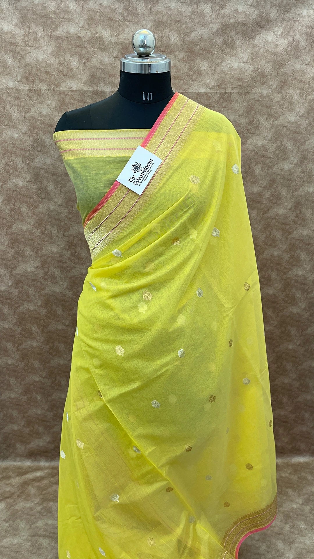 Lemon Pure Kora Cotton Handloom Banarasi Saree with Kadwa Buti and Zari Border by The Weaveloom