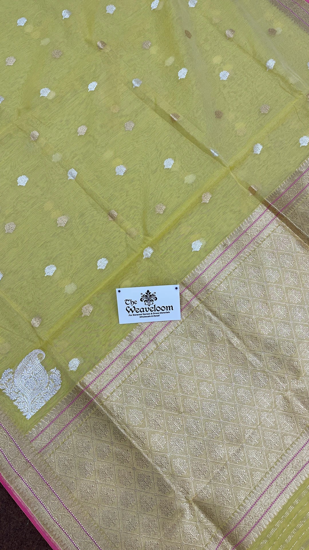 Lemon Pure Kora Cotton Handloom Banarasi Saree with Kadwa Buti and Zari Border by The Weaveloom
