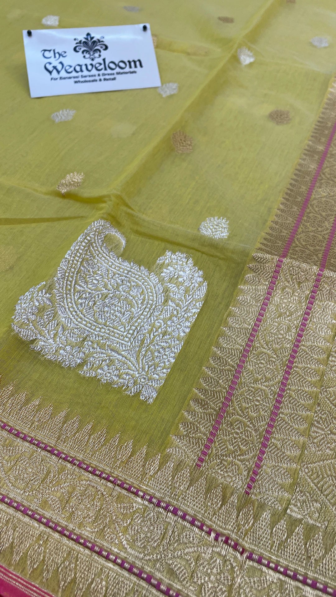 Lemon Pure Kora Cotton Handloom Banarasi Saree with Kadwa Buti and Zari Border by The Weaveloom