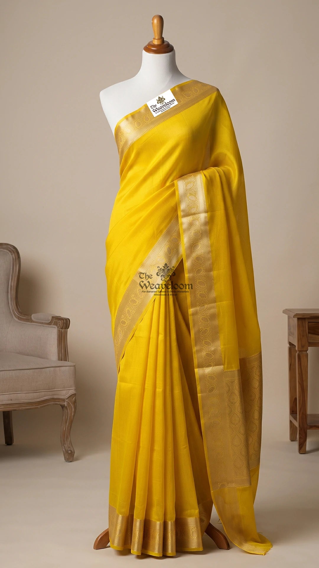 Lemon Yellow Paisley Pallu Pure Kora Silk Banarasi Saree by The Weaveloom