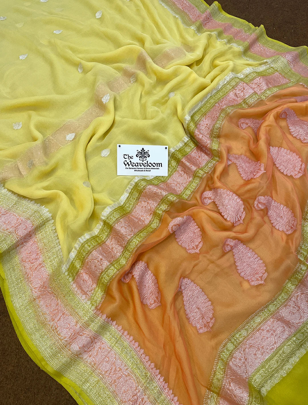 Lemon Yellow Pure Khaddi Georgette Kadwa Handloom Banarasi Saree by The Weaveloom