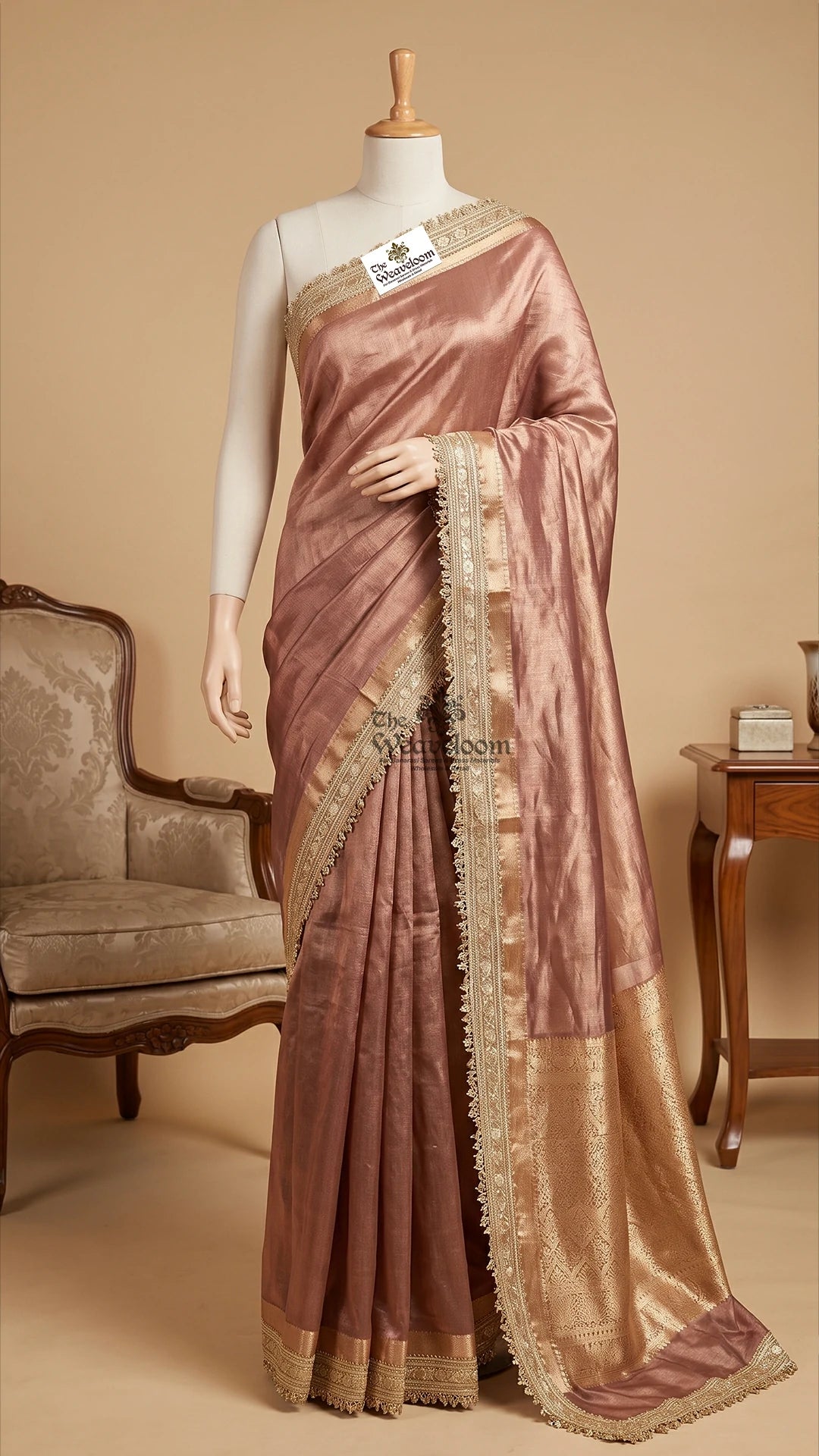 Light brown tissue silk pure Banarasi saree with lace border by The Weaveloom