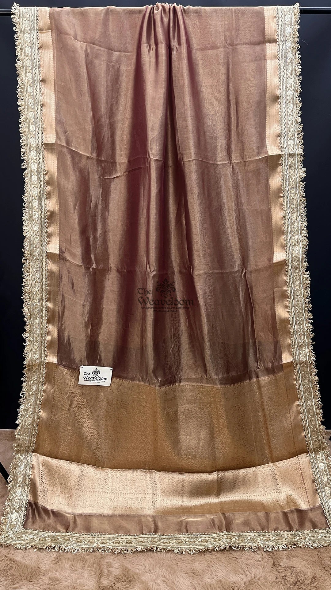Light brown tissue silk pure Banarasi saree with lace border by The Weaveloom