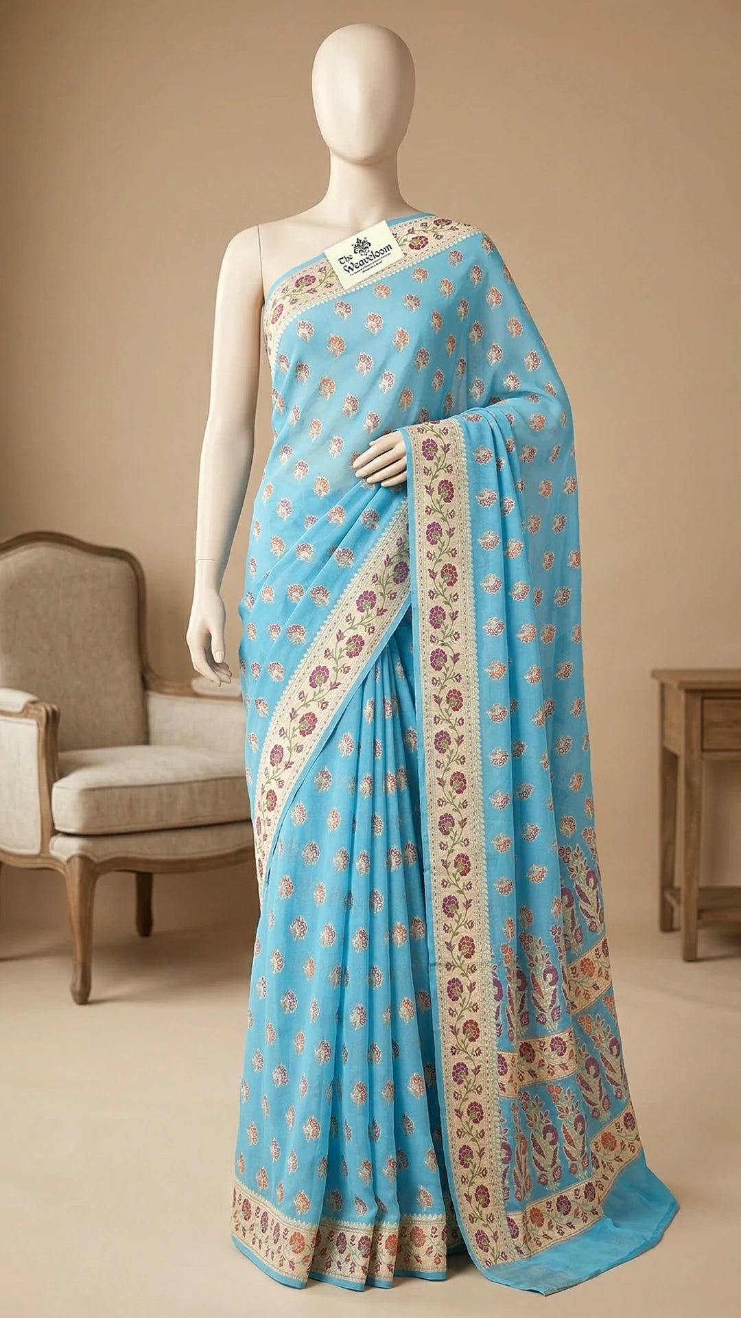 Light Firozi Crepe Georgette Banarasi Saree With Meenakari Floral Zari Border The Weaveloom