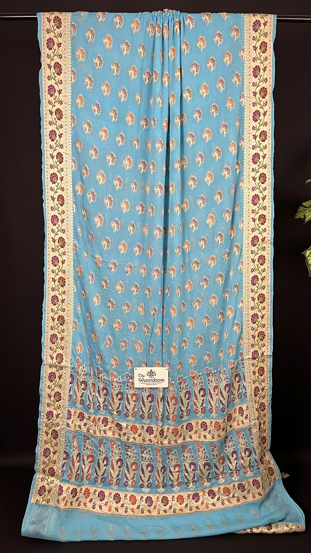 Light Firozi Crepe Georgette Banarasi Saree With Meenakari Floral Zari Border The Weaveloom