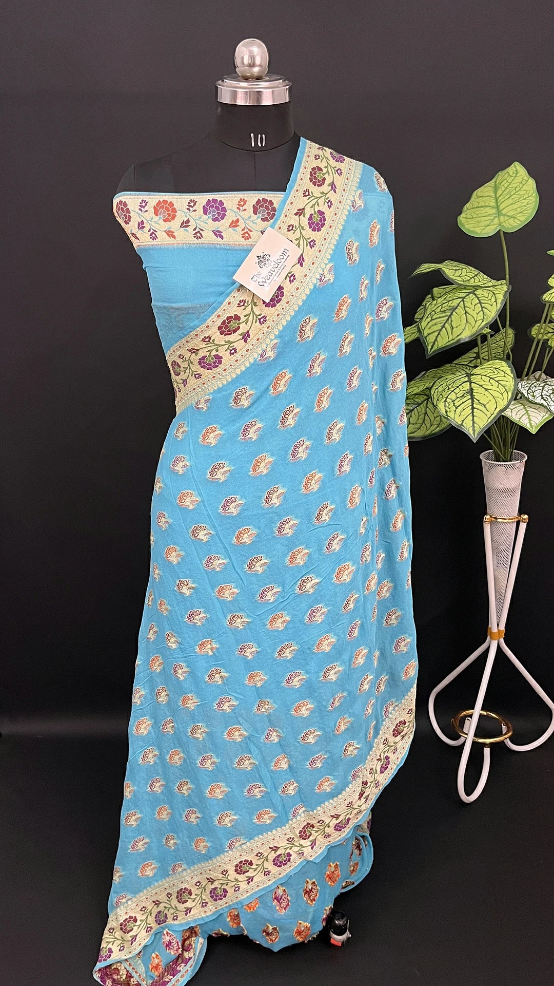 Light Firozi Crepe Georgette Banarasi Saree With Meenakari Floral Zari Border The Weaveloom