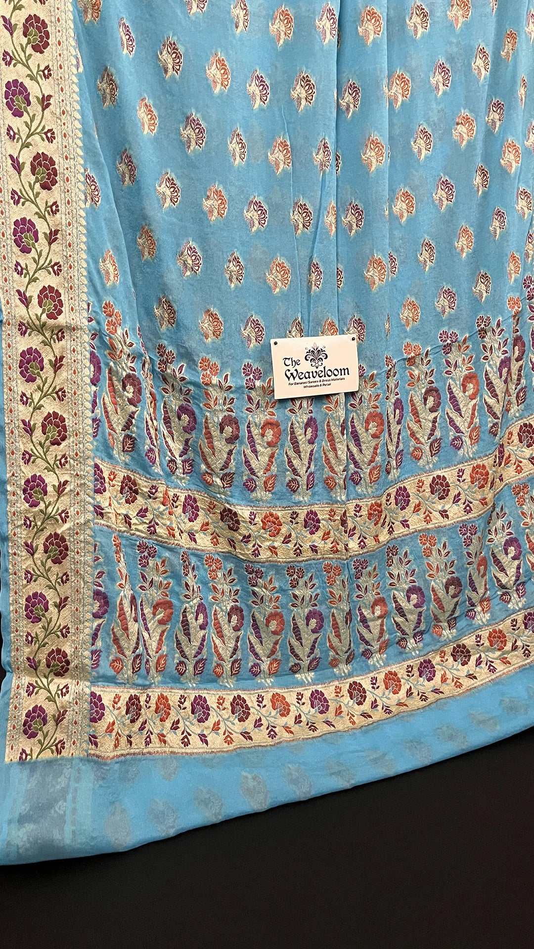 Light Firozi Crepe Georgette Banarasi Saree With Meenakari Floral Zari Border The Weaveloom