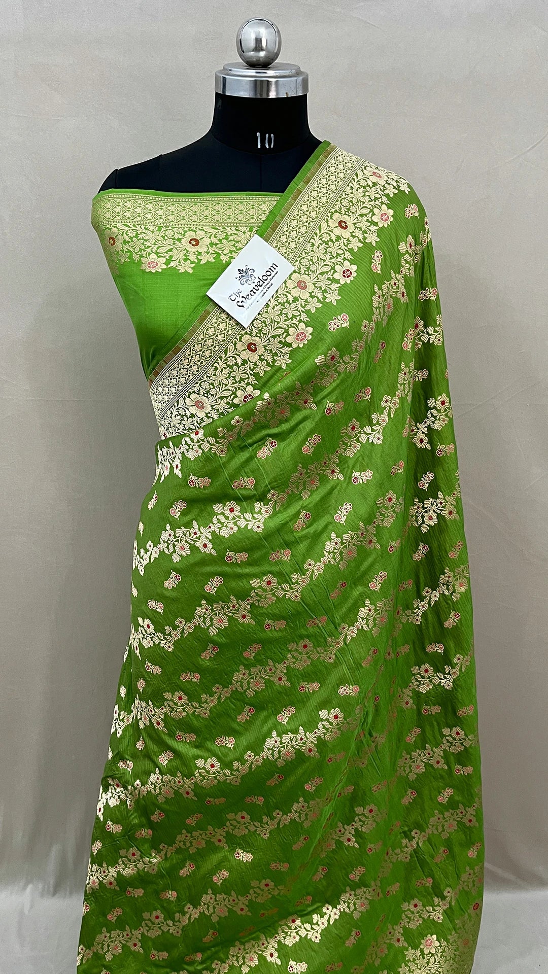 Light Green Pure Katan Silk Banarasi Saree With Meenakari by The Weaveloom