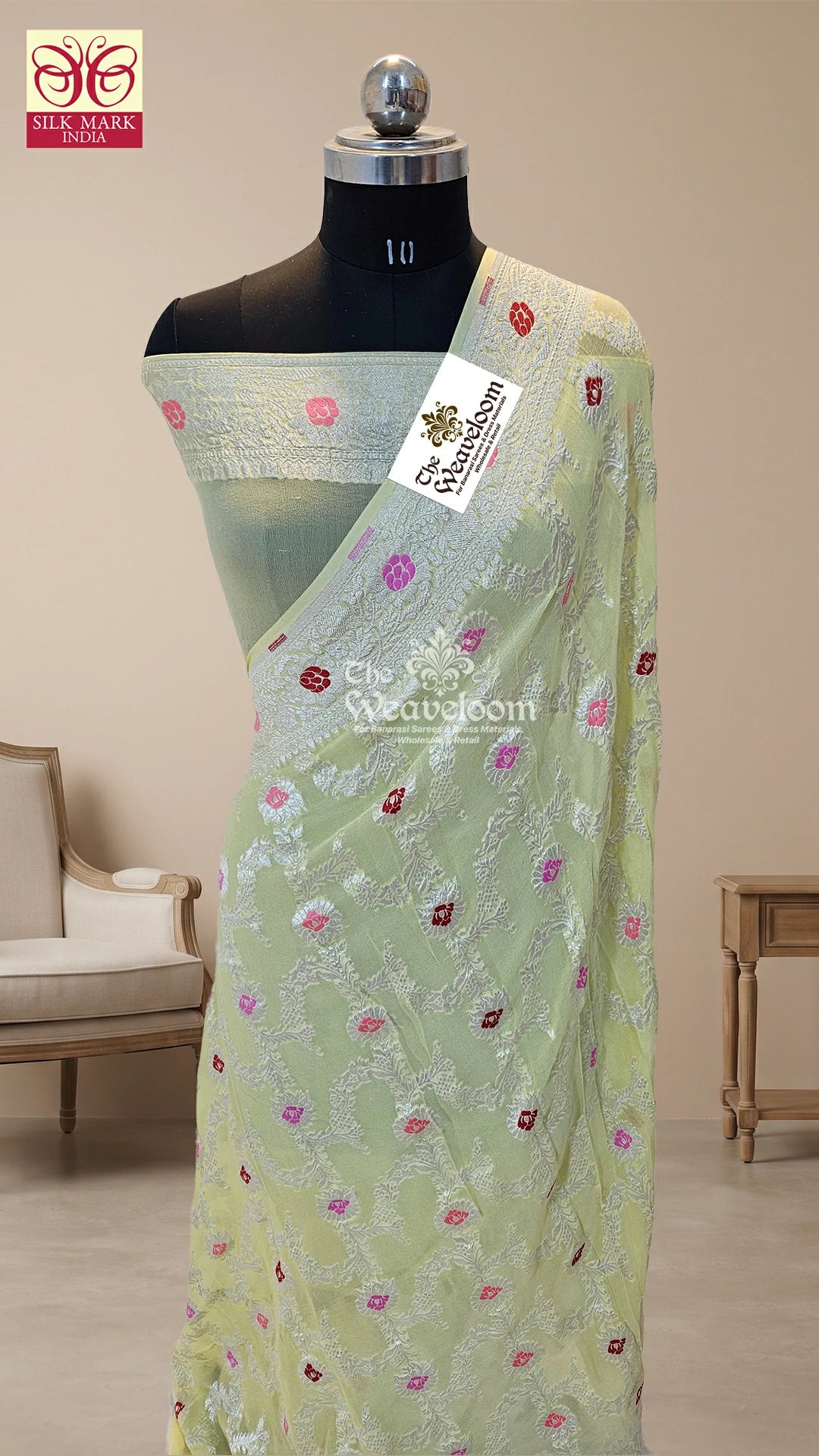 Light Lemon Meenakari Jaal Khaddi Georgette Pure Banarasi Saree with Silver Zari by The Weaveloom