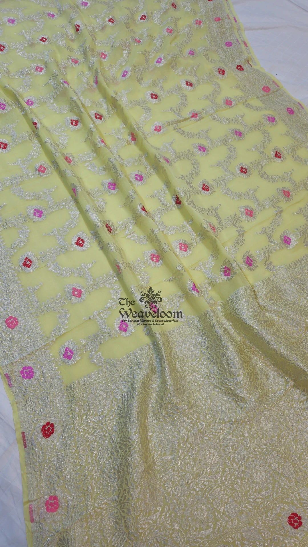 Light Lemon Meenakari Jaal Khaddi Georgette Pure Banarasi Saree with Silver Zari by The Weaveloom
