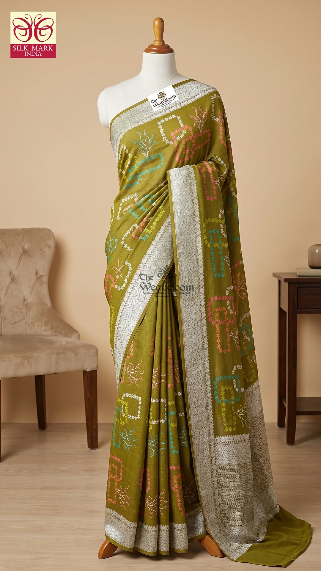 Light mehendi green meenakari Tussar Georgette pure Banarasi saree by The Weaveloom