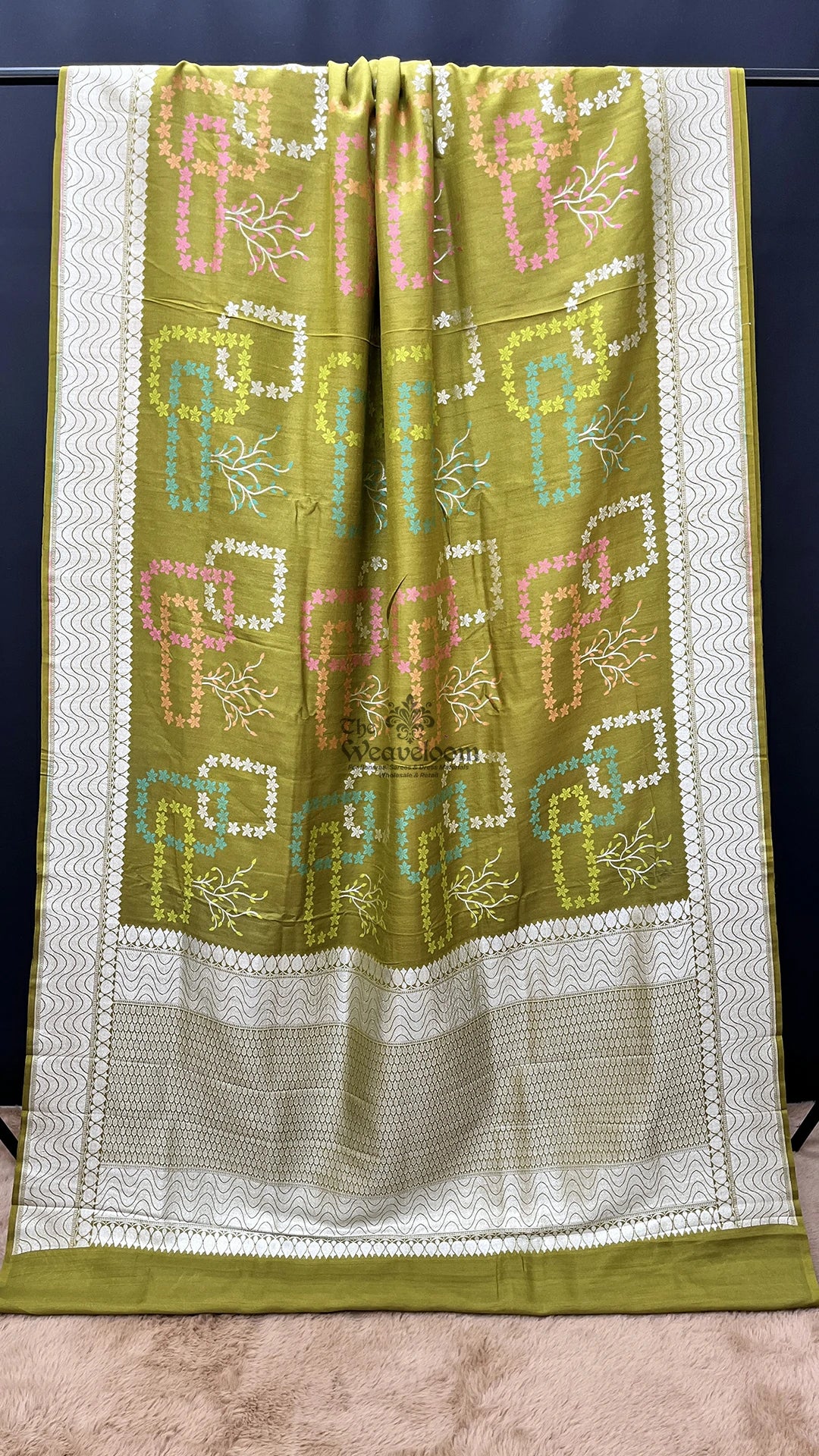 Light mehendi green meenakari Tussar Georgette pure Banarasi saree by The Weaveloom