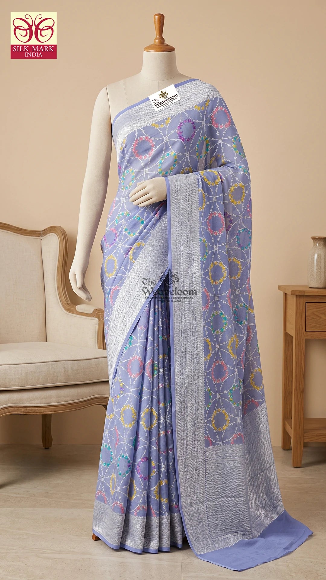 Light Purple Tussar Georgette  Meenakari Floral Wreath Pure Banarasi Saree