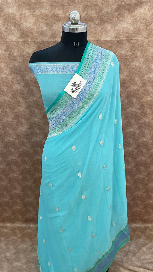 Light Firozi Pure Khaddi Georgette Handwoven Kadwa Banarasi Saree by The Weaveloom