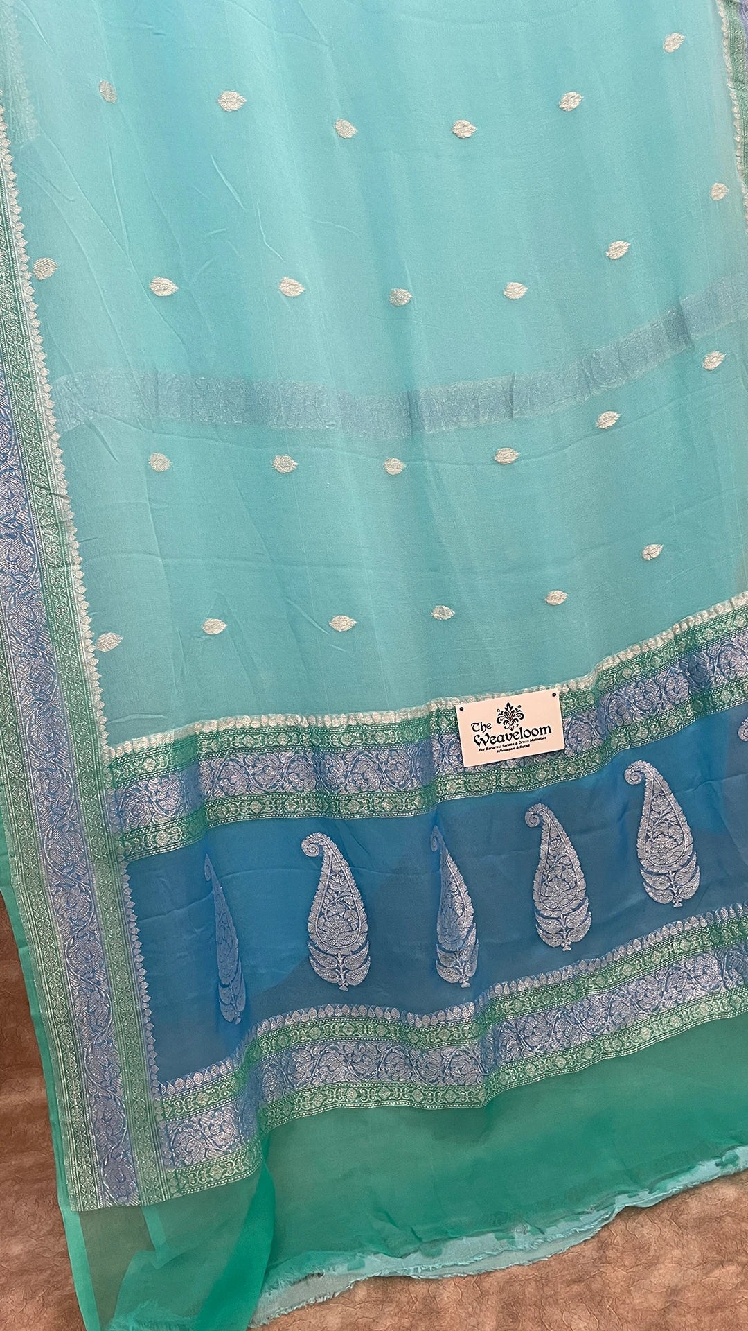 Light Firozi Pure Khaddi Georgette Handwoven Kadwa Banarasi Saree by The Weaveloom