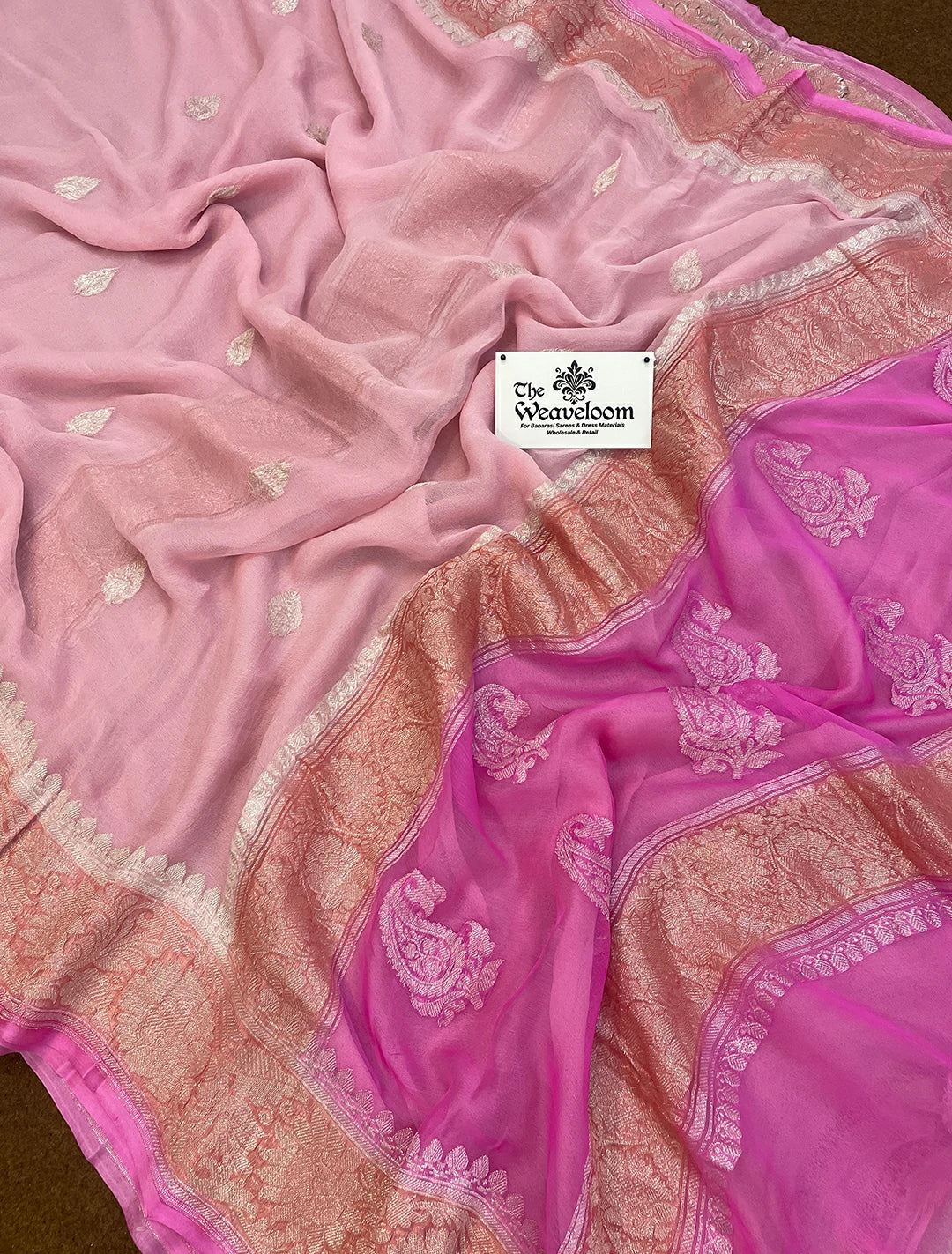 Light Lavender Pure Khaddi Georgette Handloom Banarasi Saree by The Weaveloom – Silver Zari Detailing