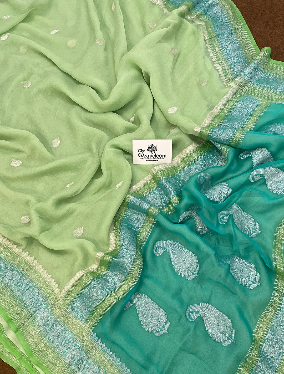 Light Pista Green Pure Khaddi Georgette Handloom Kadwa Banarasi Saree from The Weaveloom