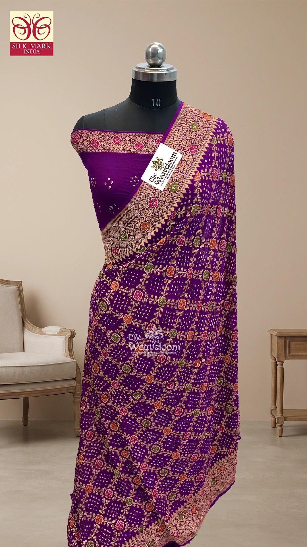 Magenta Bandhej Meenakari Khaddi Georgette Pure Banarasi Saree by The Weaveloom