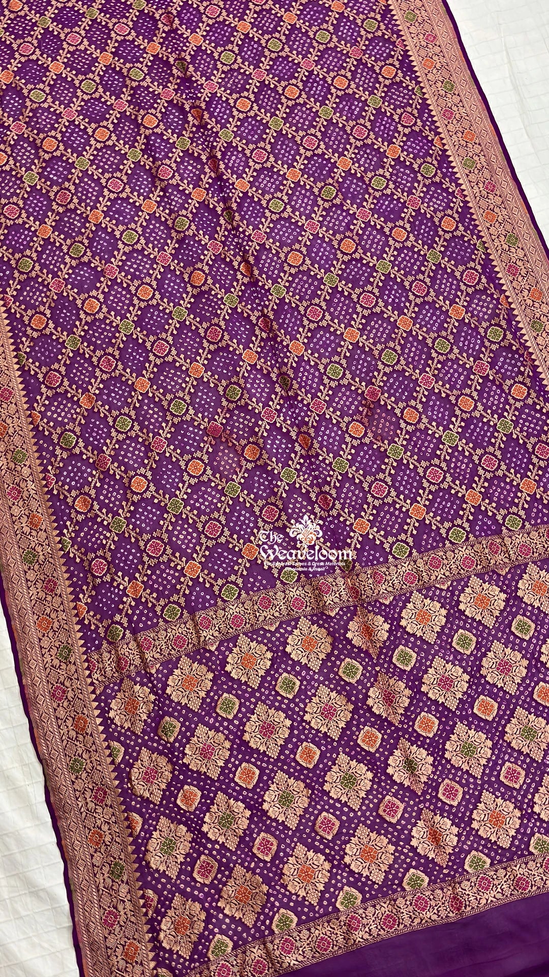 Magenta Bandhej Meenakari Khaddi Georgette Pure Banarasi Saree by The Weaveloom