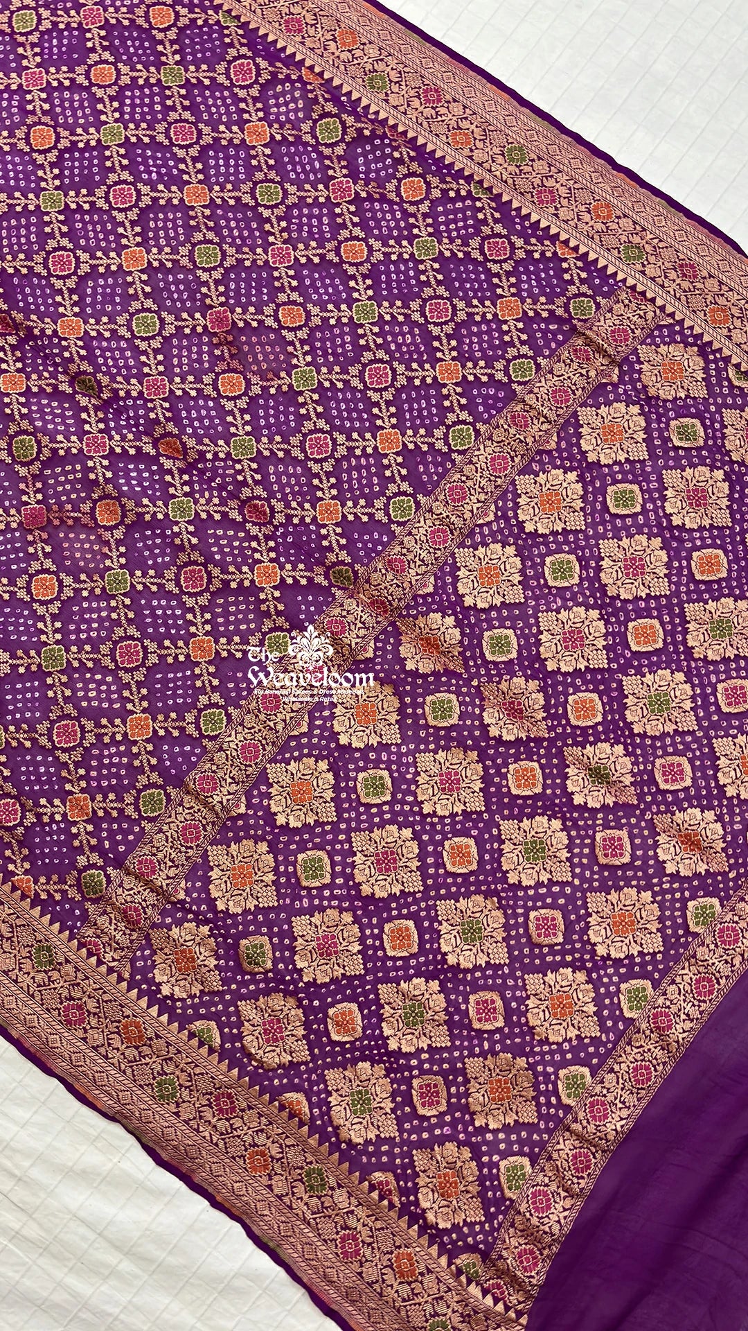 Magenta Bandhej Meenakari Khaddi Georgette Pure Banarasi Saree by The Weaveloom