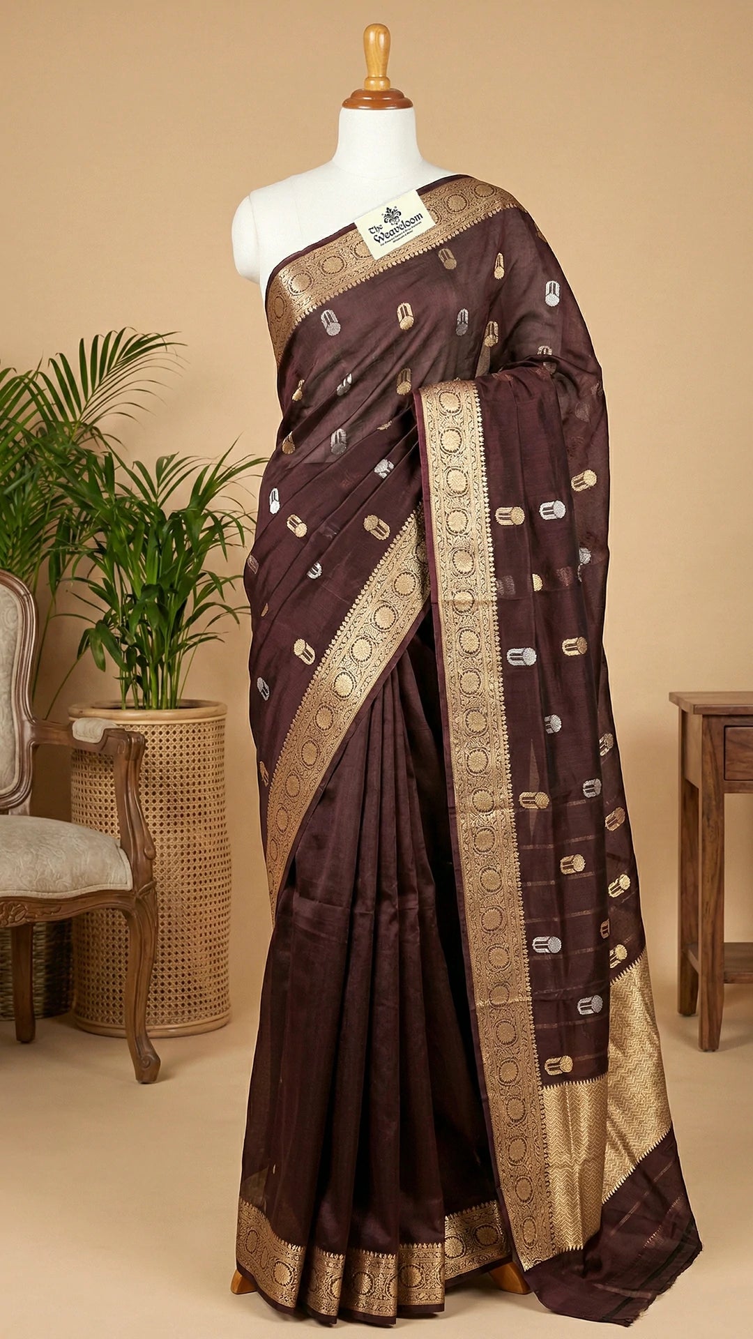 Magenta Coffee Tissue Silk Pure Handloom Banarasi Saree With Sona Rupa Zari Motifs Golden Border The Weaveloom