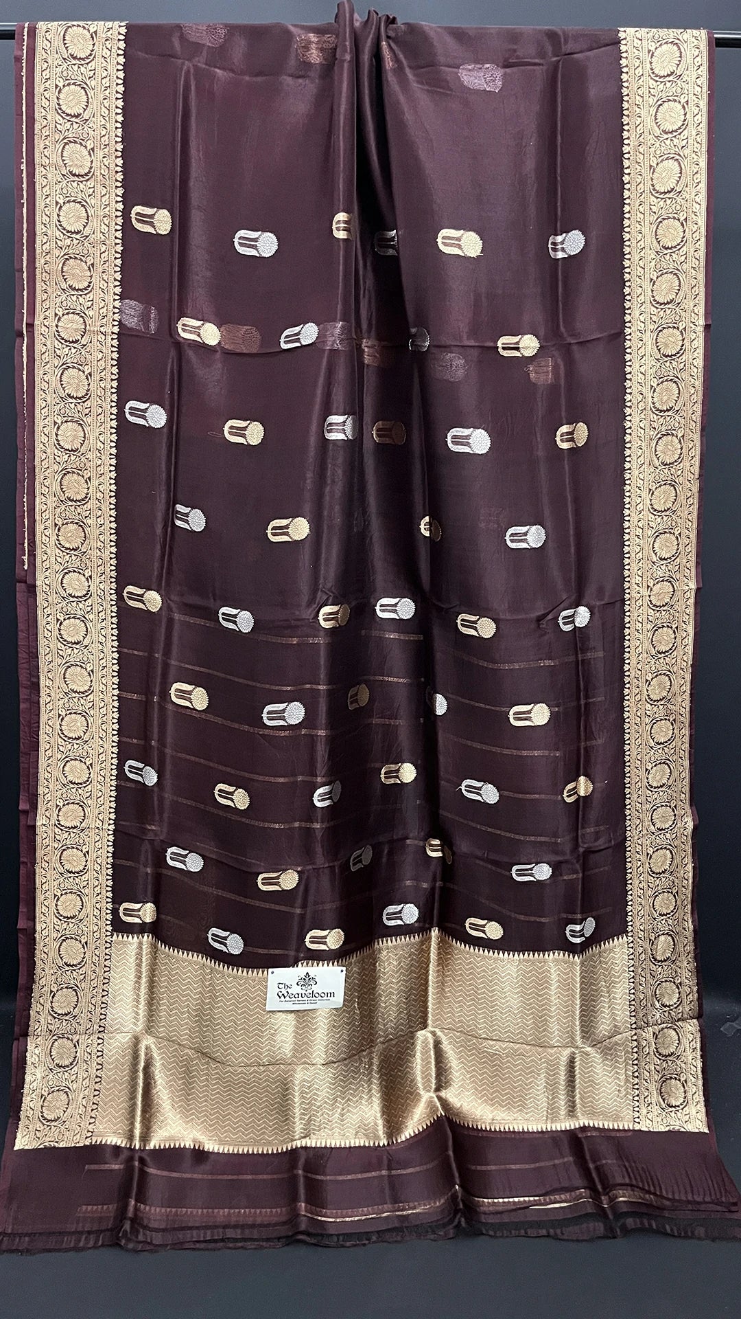 Magenta Coffee Tissue Silk Pure Handloom Banarasi Saree With Sona Rupa Zari Motifs Golden Border The Weaveloom