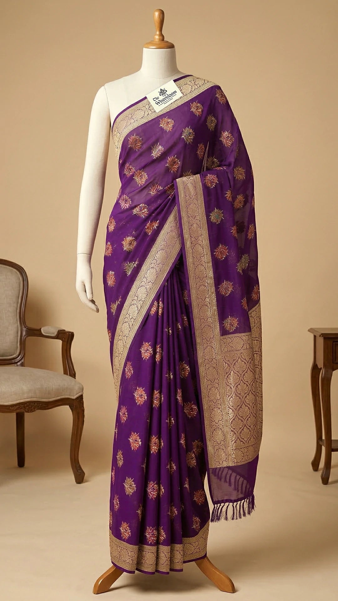 Magenta Crepe Georgette Pure Banarasi Saree with Meenakari Floral Booti and Golden Zari Border The Weaveloom