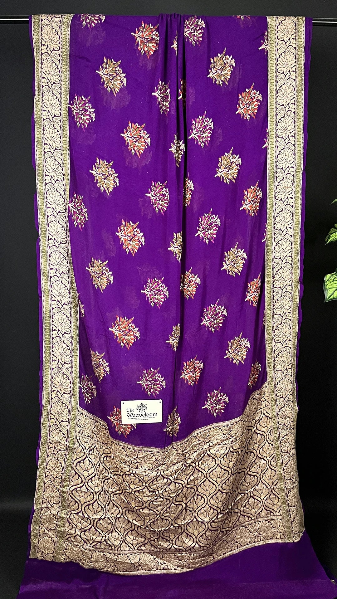 Magenta Crepe Georgette Pure Banarasi Saree with Meenakari Floral Booti and Golden Zari Border The Weaveloom