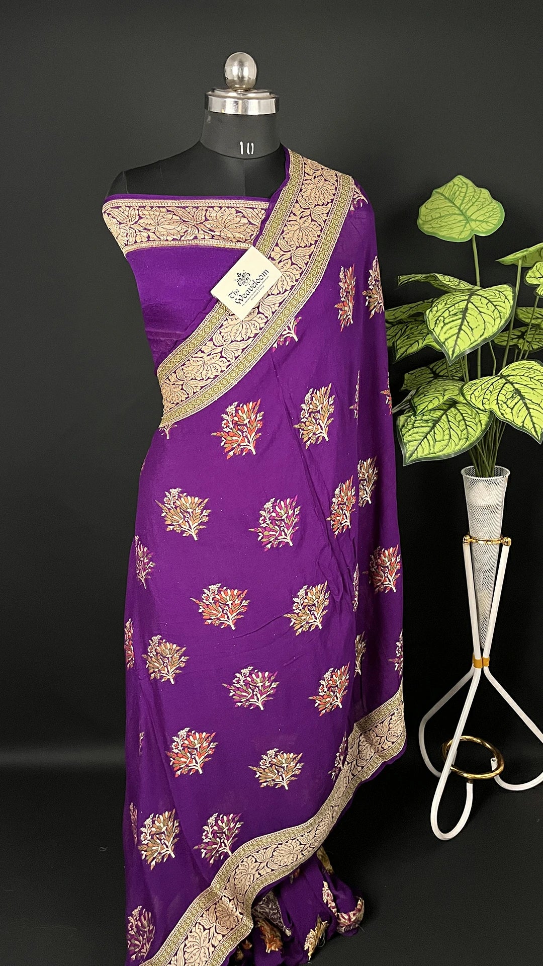 Magenta Crepe Georgette Pure Banarasi Saree with Meenakari Floral Booti and Golden Zari Border The Weaveloom