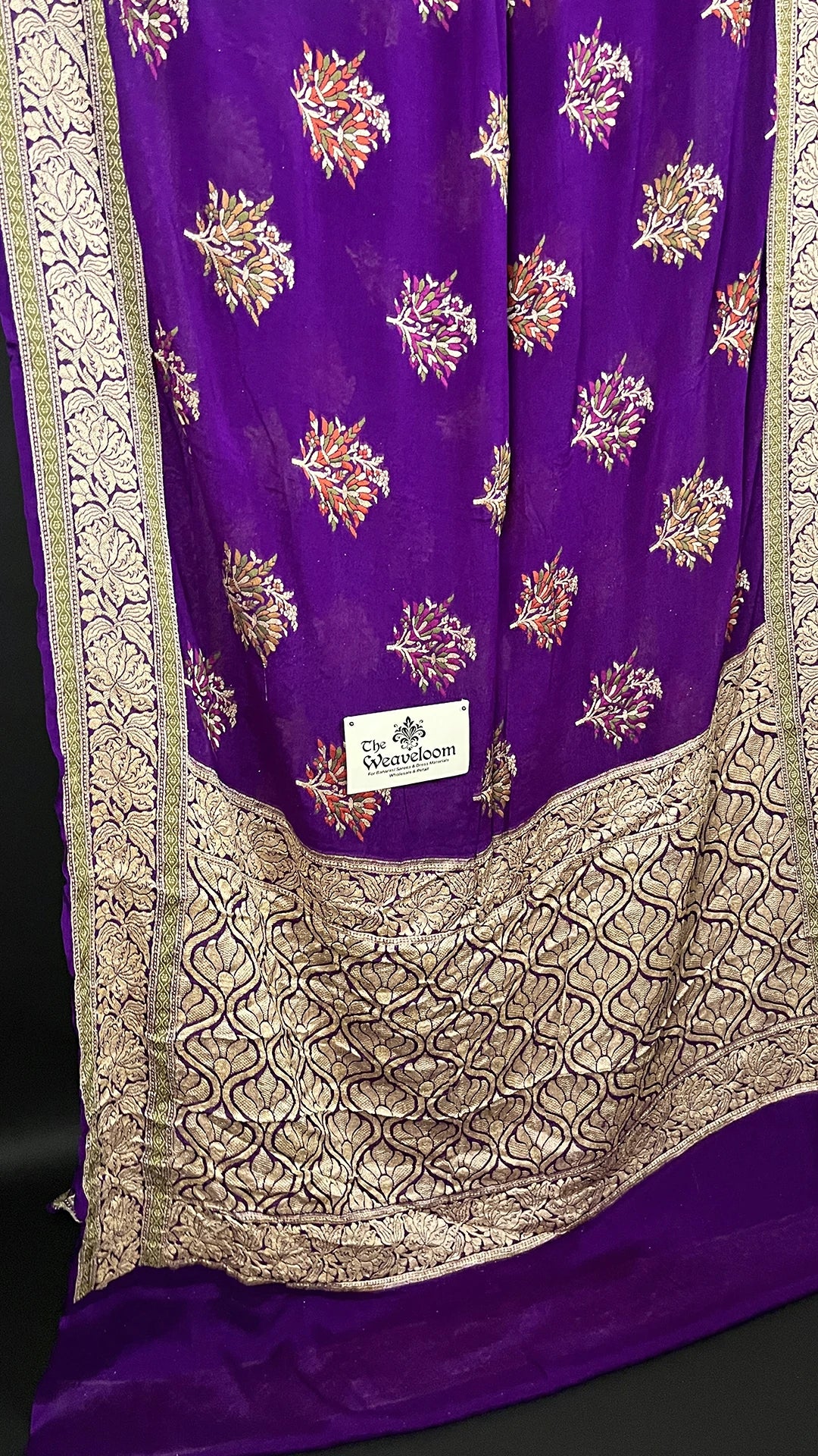 Magenta Crepe Georgette Pure Banarasi Saree with Meenakari Floral Booti and Golden Zari Border The Weaveloom