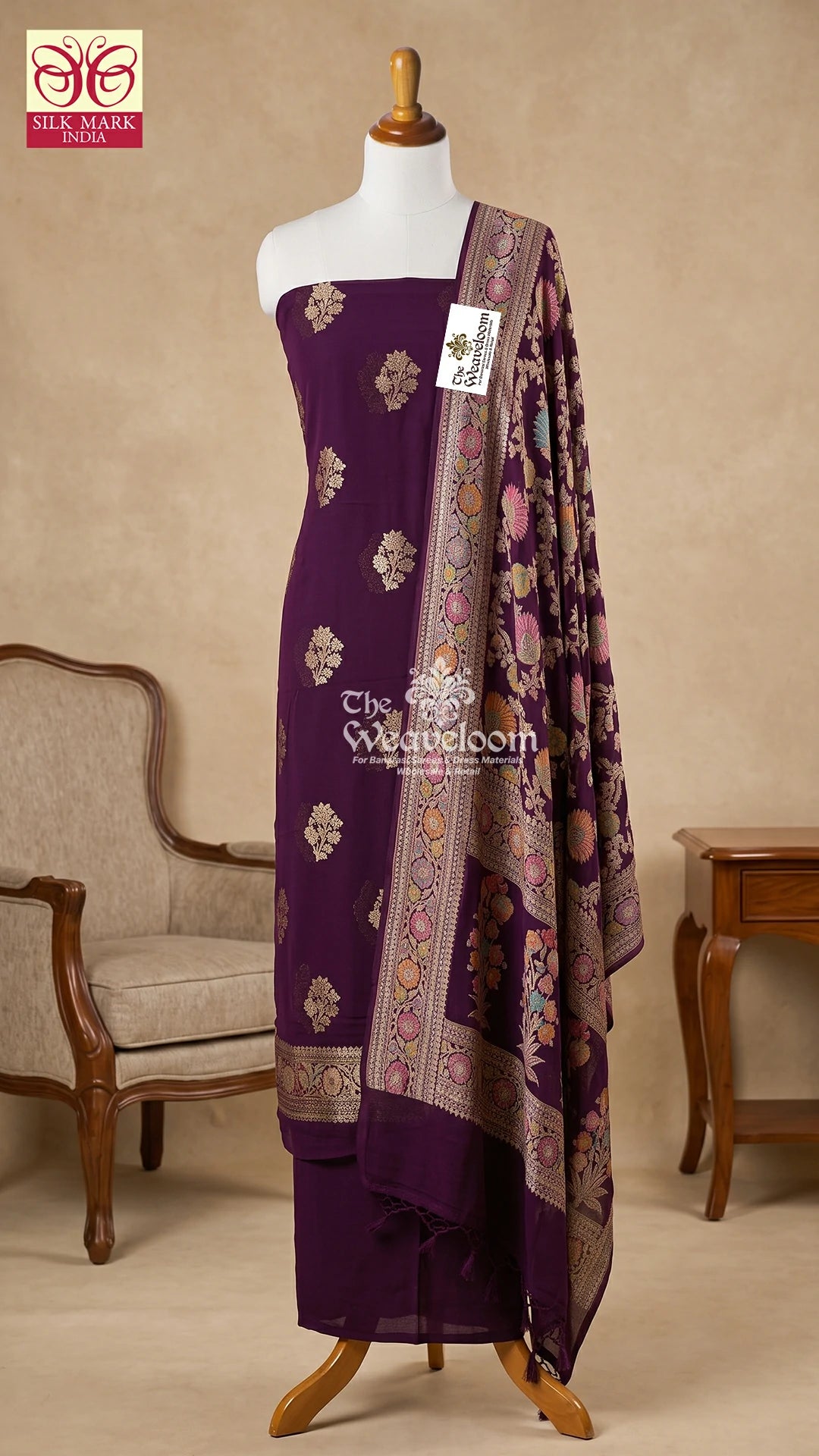 Magenta Floral Buti Khaddi Georgette Pure Banarasi Dress Material by The Weaveloom