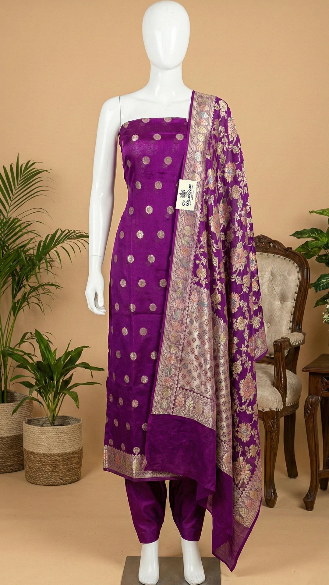 Magenta Khaddi Georgette Pure Banarasi Dress Material with Handbrush Water Zari Dupatta by The Weaveloom