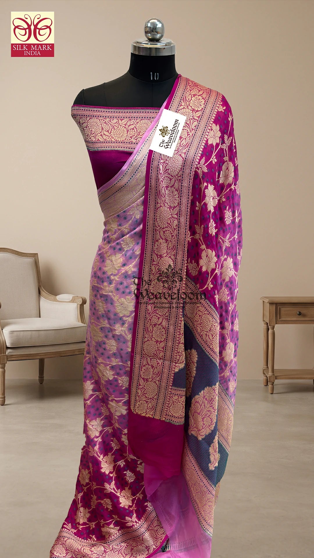 Magenta ombre floral jaal crepe georgette pure Banarasi saree with paisley pallu by The Weaveloom
