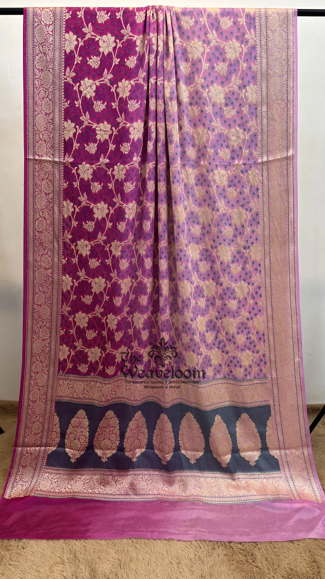 Magenta ombre floral jaal crepe georgette pure Banarasi saree with paisley pallu by The Weaveloom