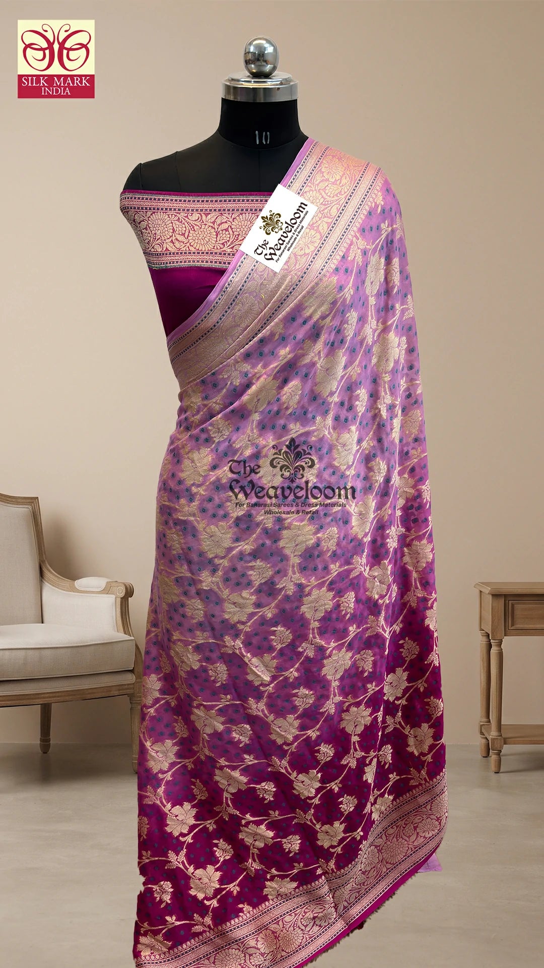 Magenta ombre floral jaal crepe georgette pure Banarasi saree with paisley pallu by The Weaveloom