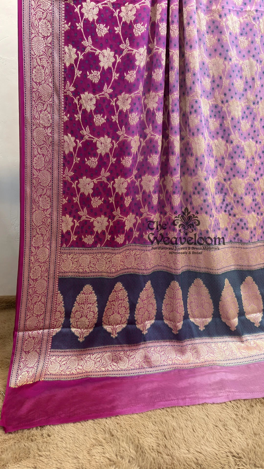 Magenta ombre floral jaal crepe georgette pure Banarasi saree with paisley pallu by The Weaveloom
