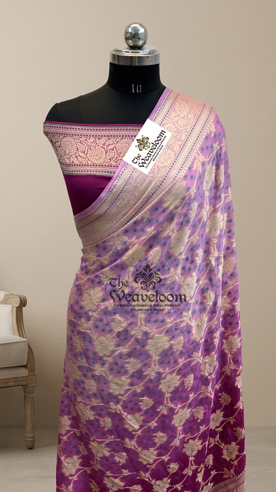 Magenta ombre floral jaal crepe georgette pure Banarasi saree with paisley pallu by The Weaveloom