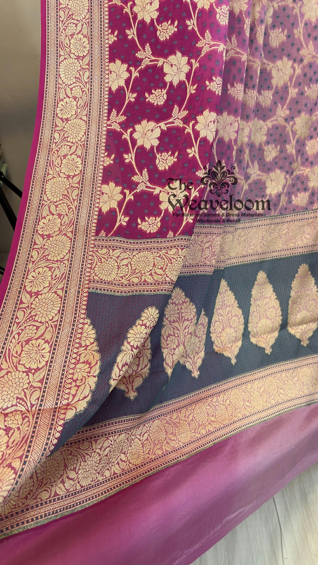 Magenta ombre floral jaal crepe georgette pure Banarasi saree with paisley pallu by The Weaveloom