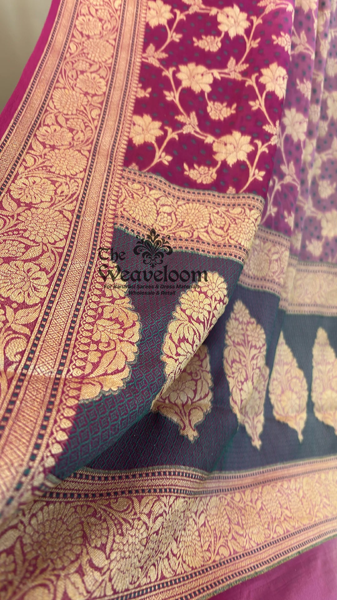 Magenta ombre floral jaal crepe georgette pure Banarasi saree with paisley pallu by The Weaveloom