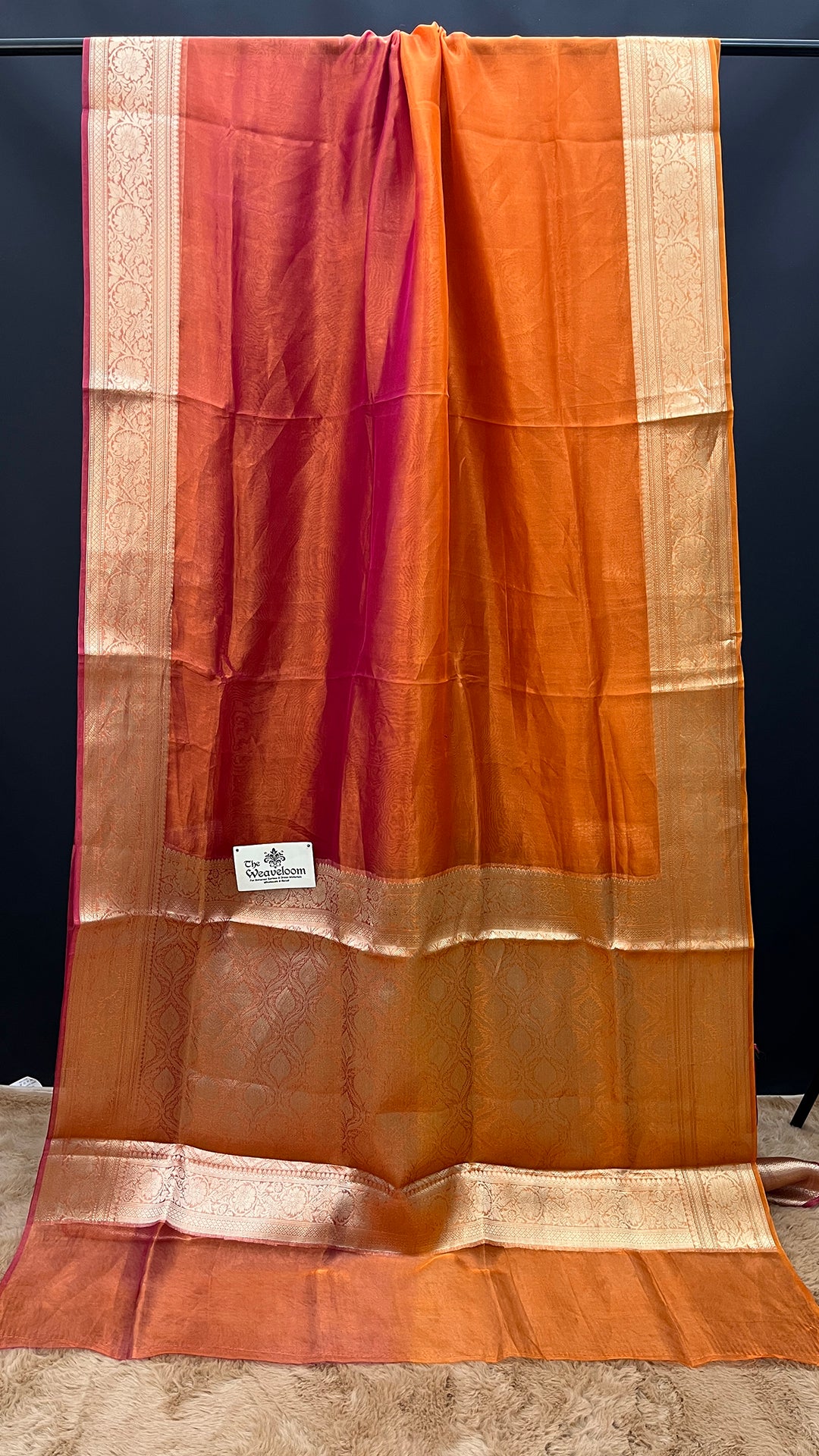 Magenta-orange ombre tissue silk pure Banarasi saree with floral zari border by The Weaveloom