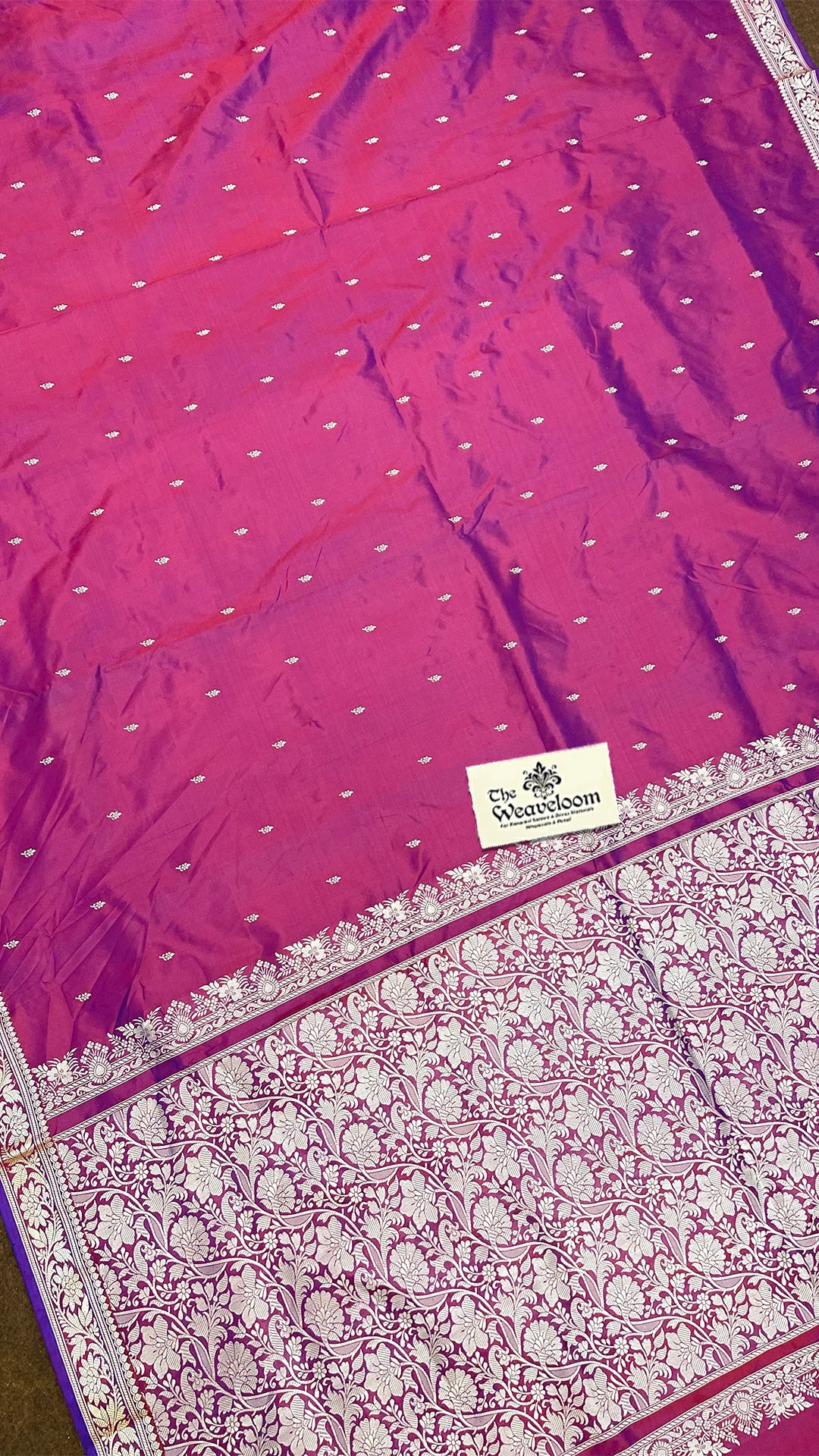 Magenta Pink Dual Tone Pure Katan Silk Handloom Banarasi Saree with Silver Zari Border by The Weaveloom