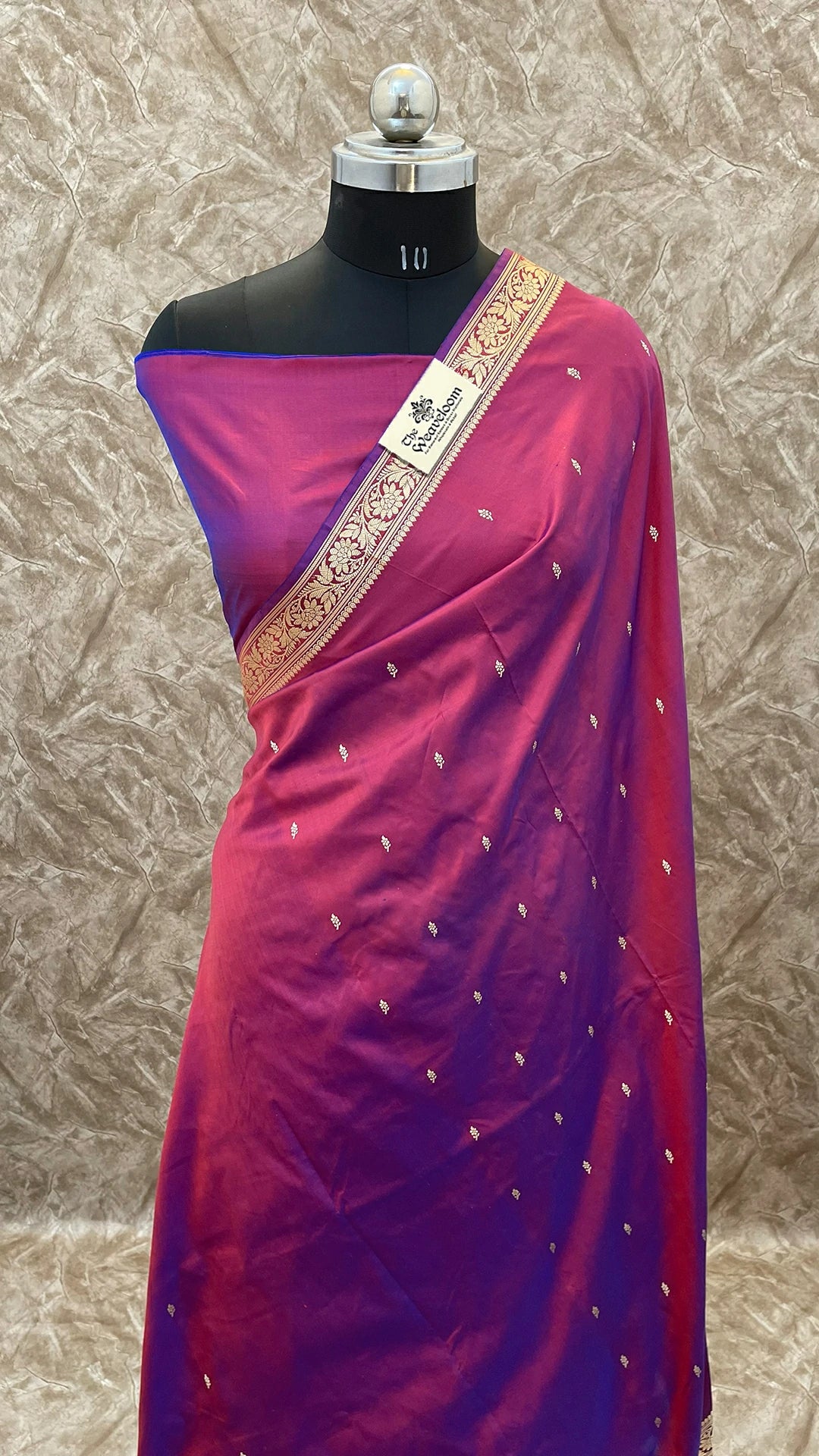 Magenta Pink Dual Tone Pure Katan Silk Handloom Banarasi Saree with Silver Zari Border by The Weaveloom